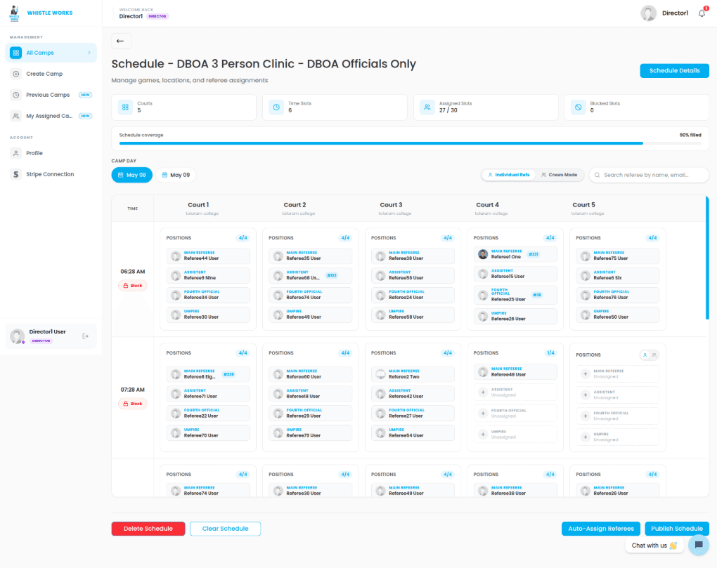 Whistle Works dashboard showing camp scheduling and referee assignments